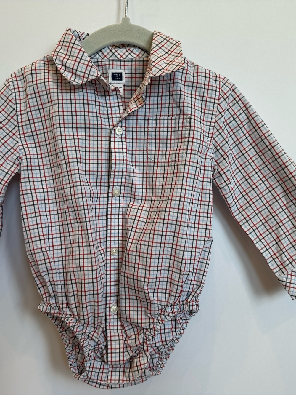 Janie and Jack White Plaid Button-Front Shirt Bodysuit with Red and Navy Checks